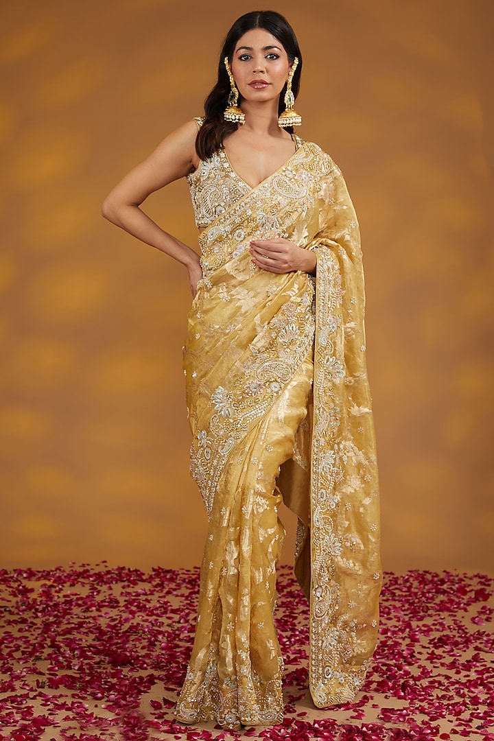 Gold Silk Organza Tissue Zardosi Hand Embroidered Saree Set by House of Supriya