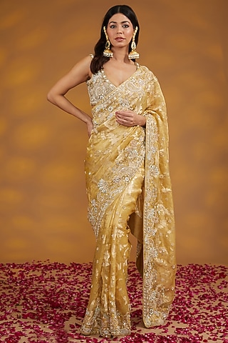 Gold Silk Organza Tissue Zardosi Hand Embroidered Saree Set by House of Supriya