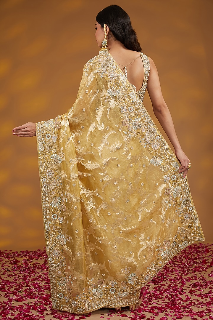Gold Silk Organza Tissue Zardosi Hand Embroidered Reception Saree Set by House of Supriya at Pernia's Pop Up Shop