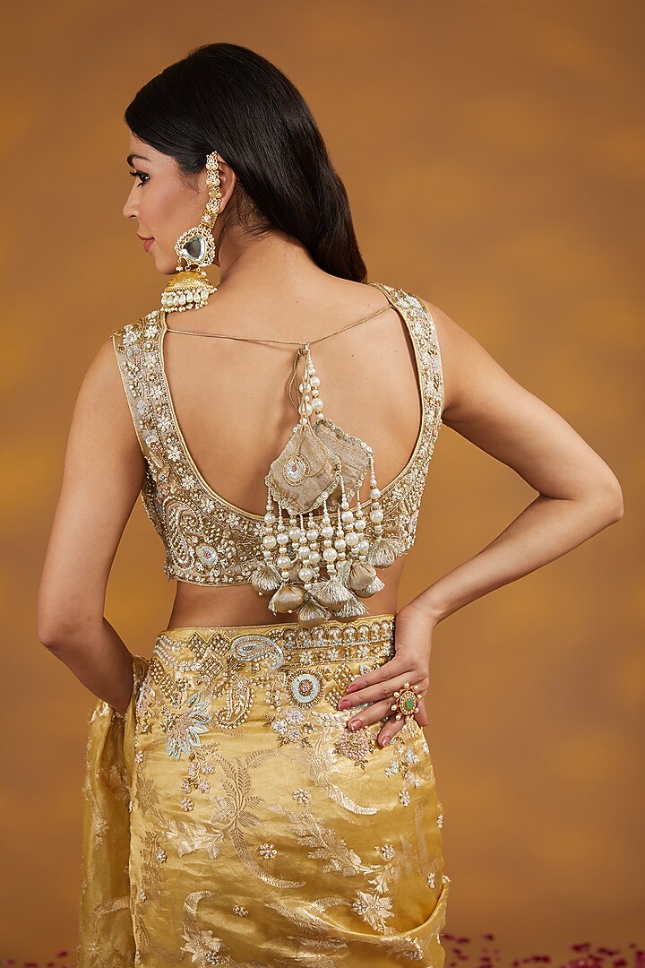 Gold Silk Organza Tissue Zardosi Hand Embroidered Reception Saree Set by House of Supriya at Pernia's Pop Up Shop