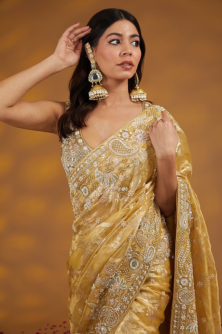 Gold Silk Organza Tissue Zardosi Hand Embroidered Reception Saree Set by House of Supriya at Pernia's Pop Up Shop