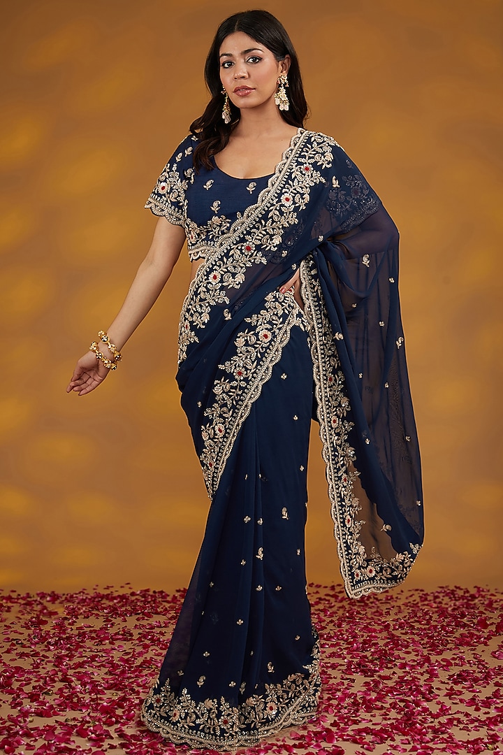 Blue Georgette Hand Embroidered Saree Set by House of Supriya