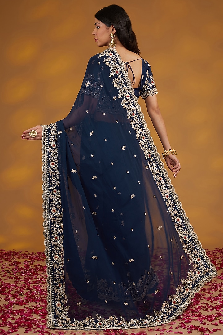 Blue Georgette Hand Embroidered Wedding Saree Set by House of Supriya at Pernia's Pop Up Shop