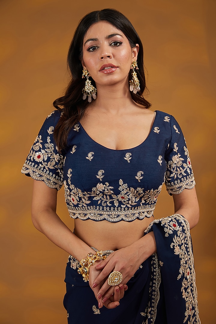 Blue Georgette Hand Embroidered Wedding Saree Set by House of Supriya at Pernia's Pop Up Shop