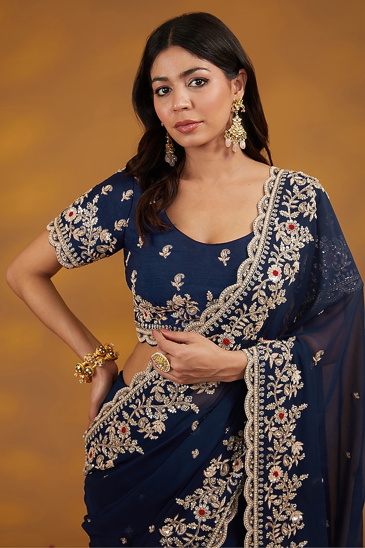 Blue Georgette Hand Embroidered Wedding Saree Set by House of Supriya at Pernia's Pop Up Shop