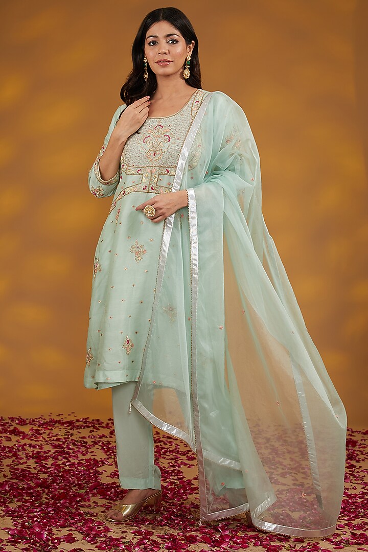 Blue Silk Organza Zardosi Hand Embroidered Kurta Set by House of Supriya at Pernia's Pop Up Shop