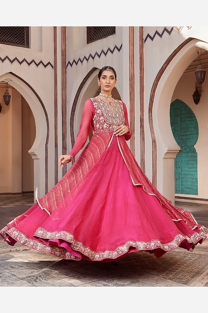 Coral Georgette Hand Embroidered Gown by House of Supriya