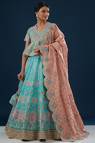 Turquoise Pure Raw Silk Embroidered Lehenga Set by House of Supriya
