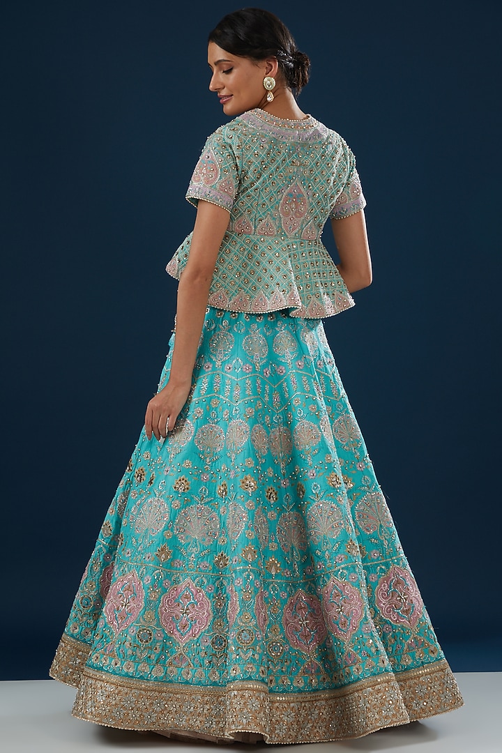 Turquoise Pure Raw Silk Embroidered Bridal Lehenga Set by House of Supriya at Pernia's Pop Up Shop
