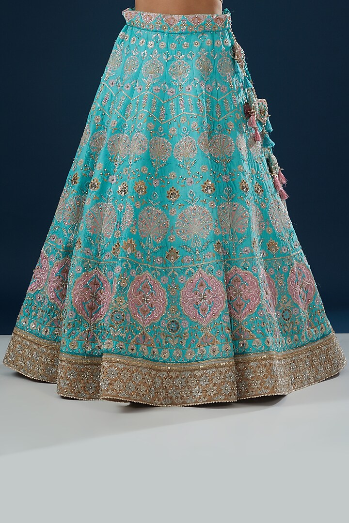 Turquoise Pure Raw Silk Embroidered Bridal Lehenga Set by House of Supriya at Pernia's Pop Up Shop