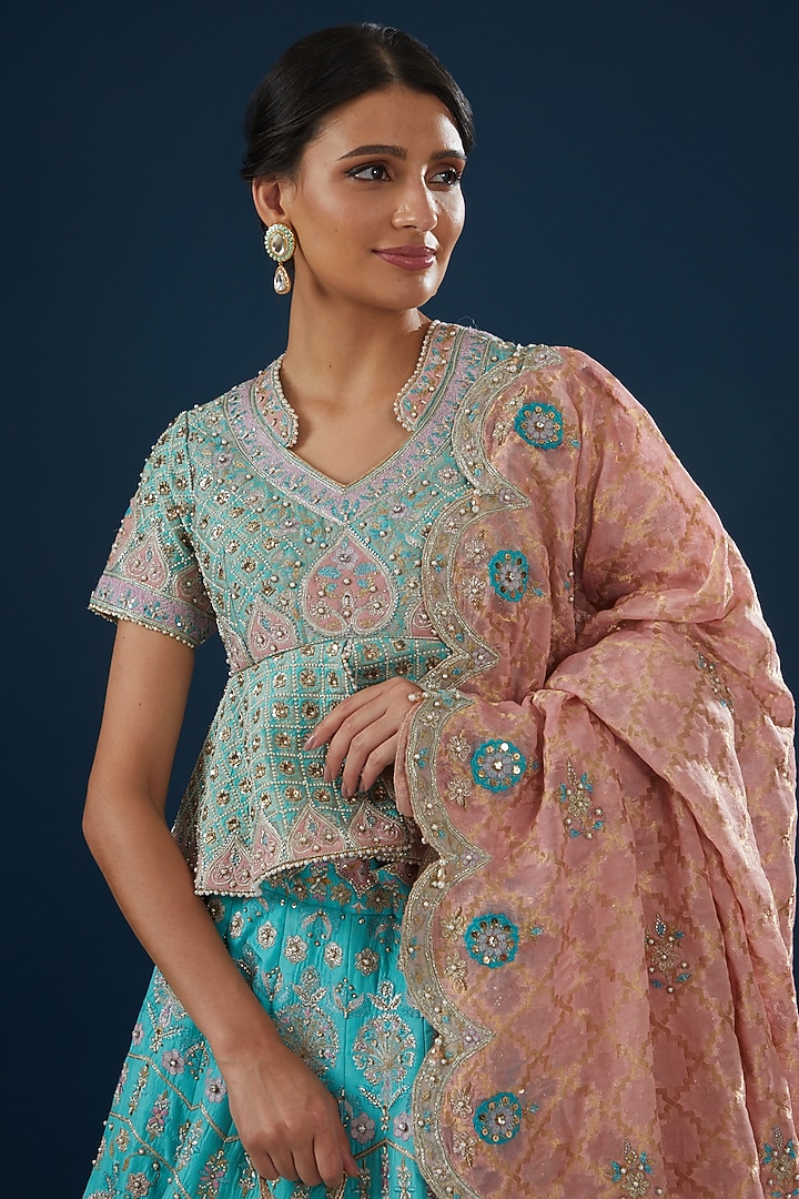 Turquoise Pure Raw Silk Embroidered Bridal Lehenga Set by House of Supriya at Pernia's Pop Up Shop