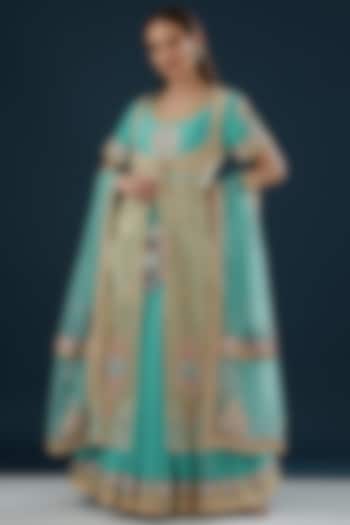 Turquoise Silk Georgette Embroidered Anarkali Set by House of Supriya