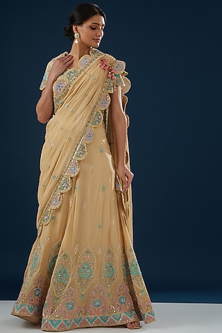 Beige Pure Silk Georgette Applique Embroidered Draped Saree Set by House of Supriya