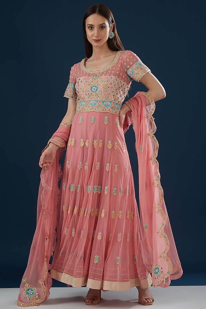 Pink Net Embroidered Anarkali Set by House of Supriya