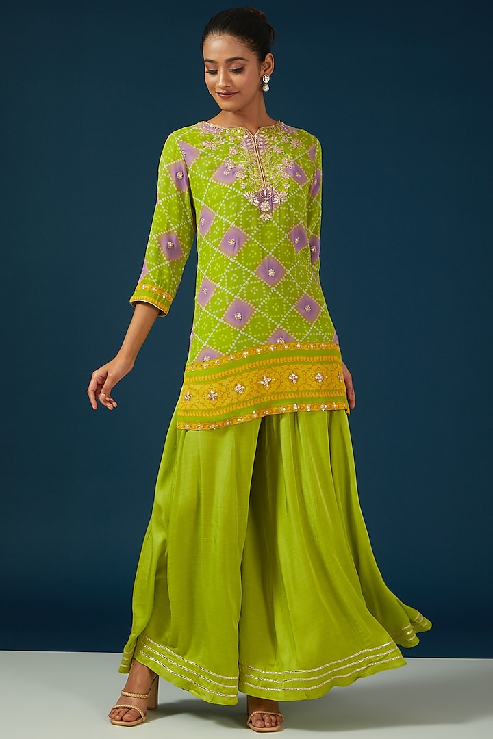 Green Silk Georgette Sharara Set by House of Supriya