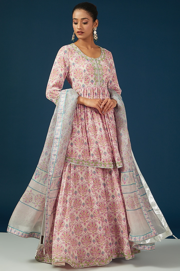 Peach Silk Georgette Printed Sharara Set by House of Supriya at Pernia's Pop Up Shop