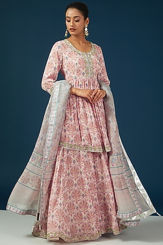 Peach Silk Georgette Printed Sharara Set by House of Supriya