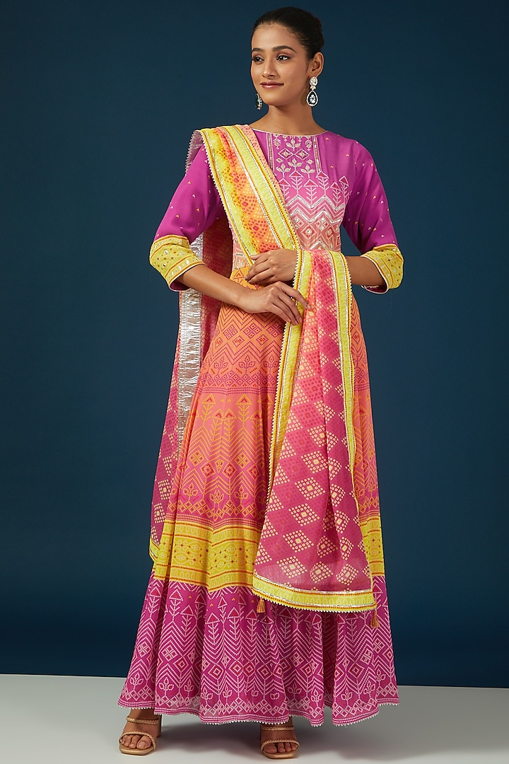 Pink Silk Georgette Bandhani Printed & Hand Embroidered Anarkali Set by House of Supriya