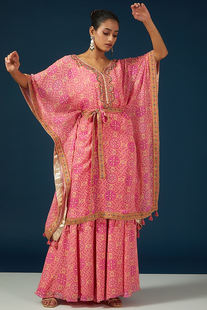 Pink Silk Georgette Floral Printed & Hand Embroidered Kaftan Set by House of Supriya