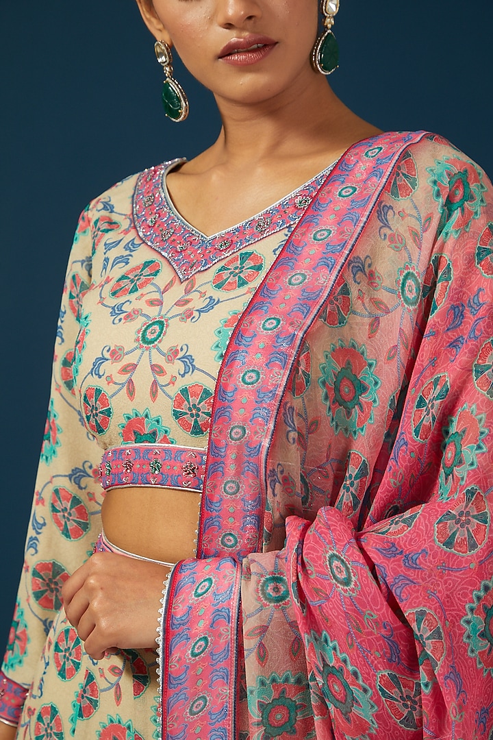Beige Silk Georgette Floral Printed Wedding Lehenga Set by House of Supriya at Pernia's Pop Up Shop