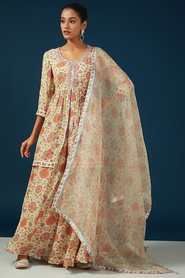 Beige Silk Georgette Printed Wedding Sharara Set by House of Supriya at Pernia's Pop Up Shop