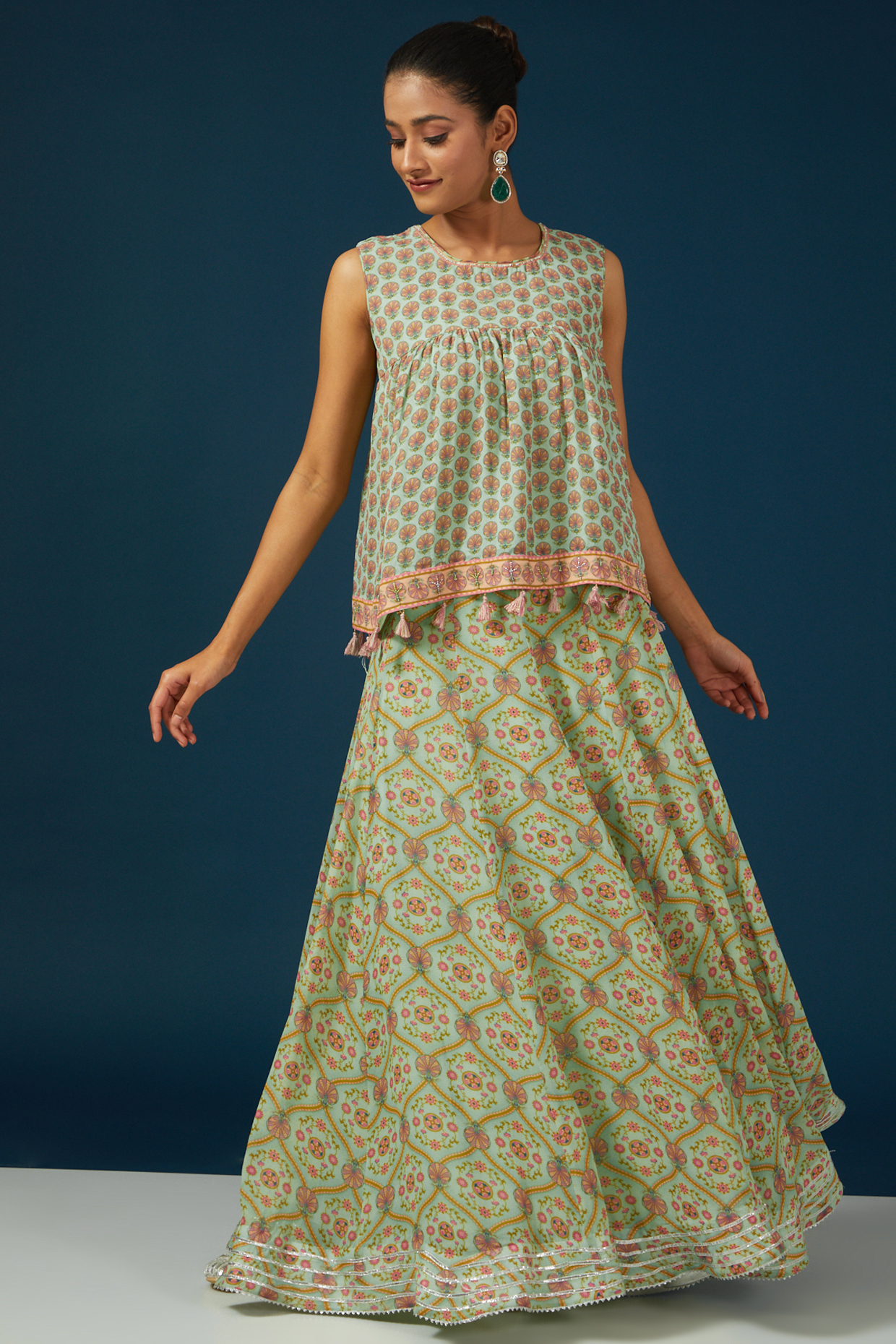Green Silk Georgette Floral Printed Lehenga Set by House of Supriya