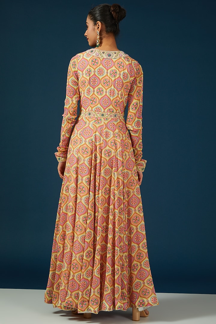 Beige Silk Georgette Floral Printed & Hand Embroidered Wedding Anarkali Set by House of Supriya at Pernia's Pop Up Shop