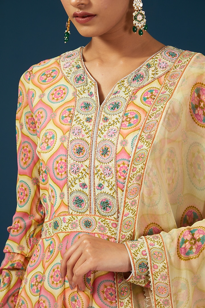 Beige Silk Georgette Floral Printed & Hand Embroidered Wedding Anarkali Set by House of Supriya at Pernia's Pop Up Shop