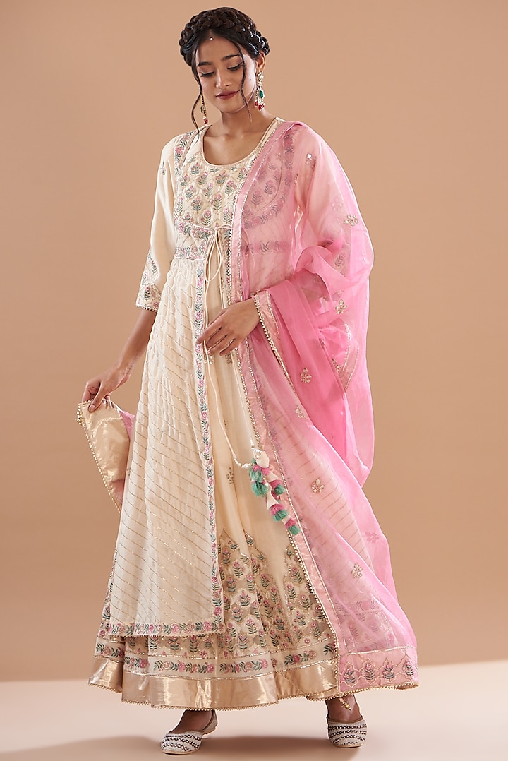 Beige Chanderi Embroidered Anarkali Set by House of Supriya at Pernia's Pop Up Shop