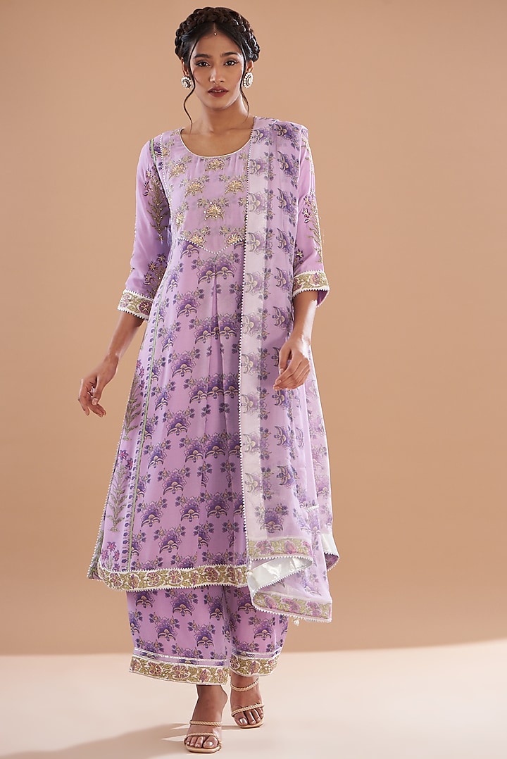 Purple Georgette Embroidered & Printed Kurta Set by House of Supriya