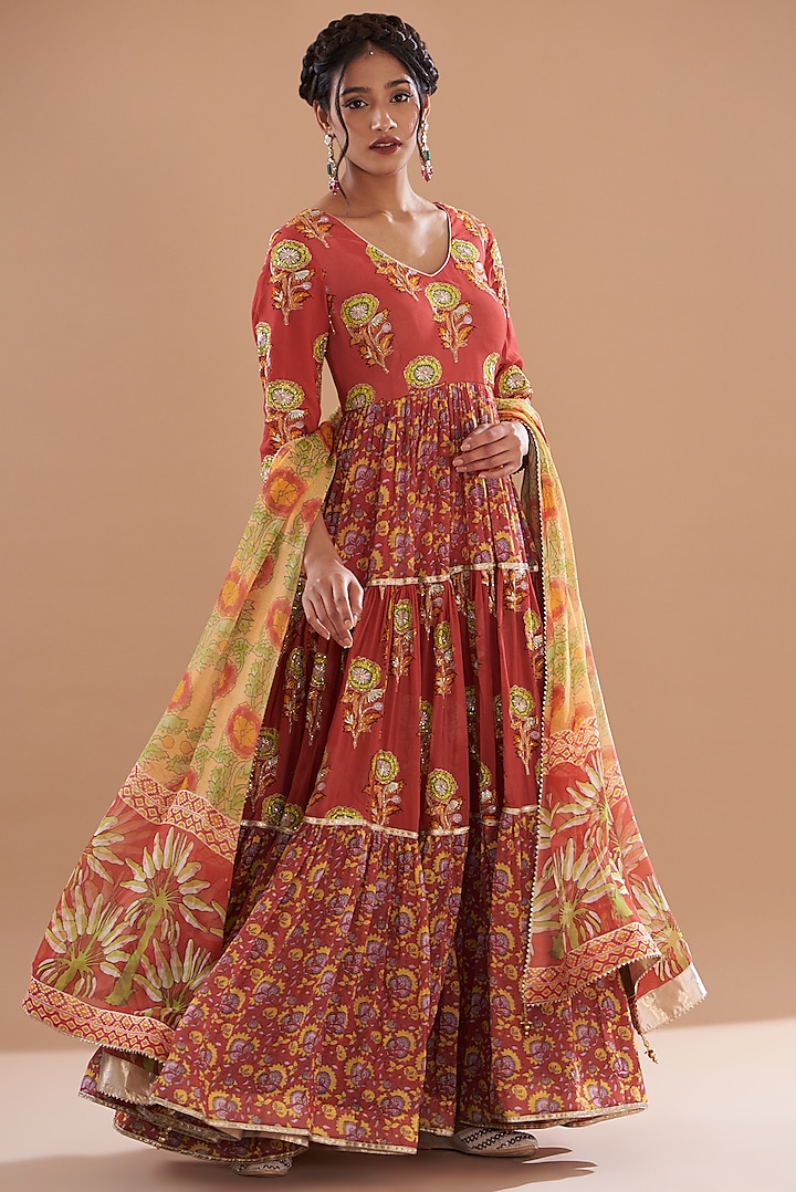 Orange Georgette Embroidered & Printed Anarkali Set by House of Supriya