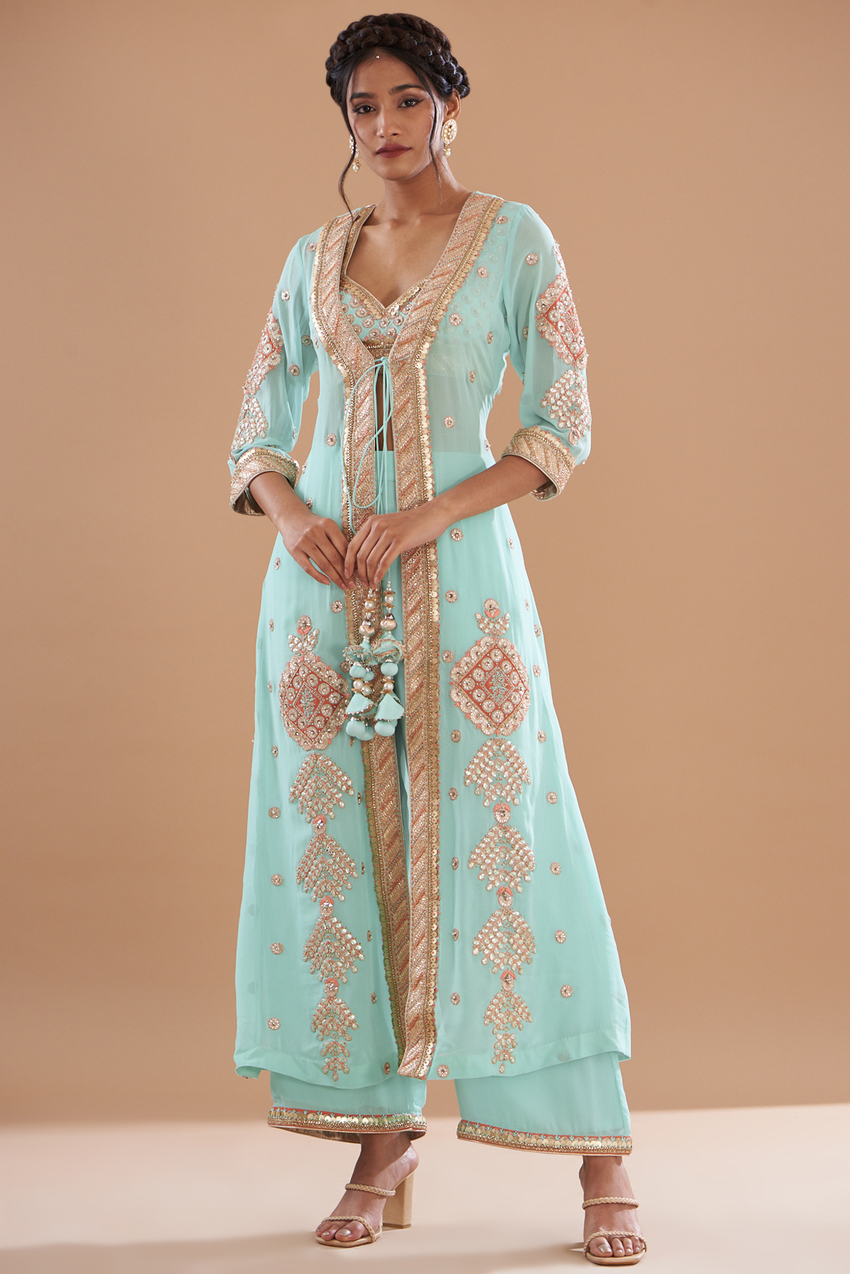 Blue Georgette Embroidered Jacket Set by House of Supriya