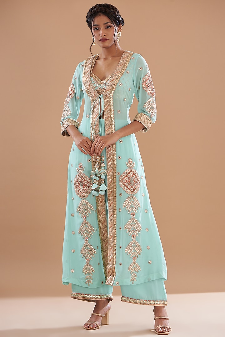 Blue Georgette Embroidered Jacket Set by House of Supriya