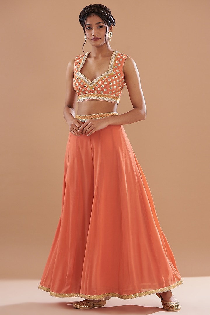 Orange Georgette Embroidered Wedding Sharara Set by House of Supriya at Pernia's Pop Up Shop
