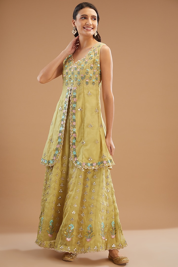 Yellow Organza Embroidered Sharara Set by House of Supriya