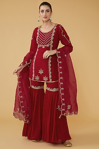 Red Silk Georgette Sharara Set by House of Supriya