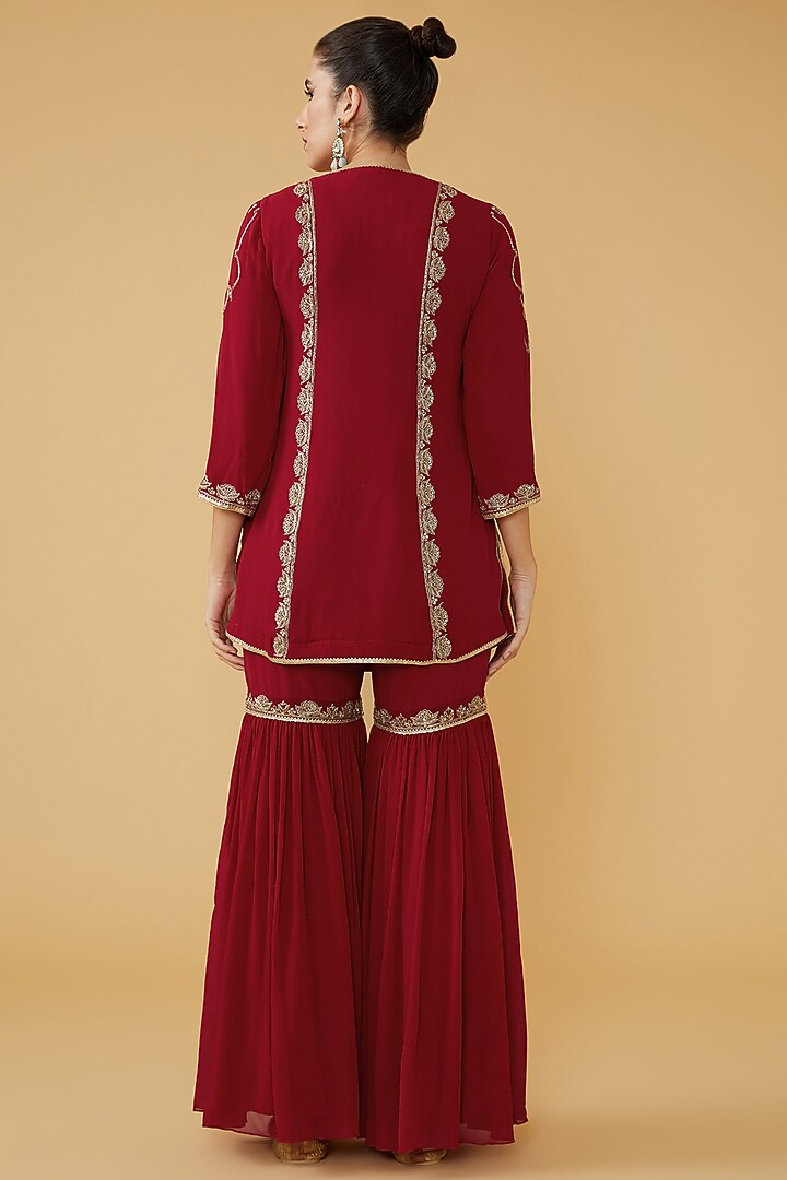 Red Silk Georgette Wedding Sharara Set by House of Supriya at Pernia's Pop Up Shop