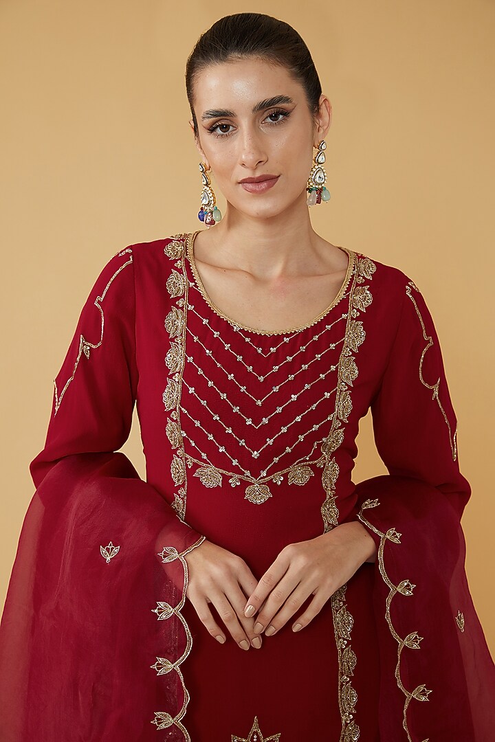 Red Silk Georgette Wedding Sharara Set by House of Supriya at Pernia's Pop Up Shop