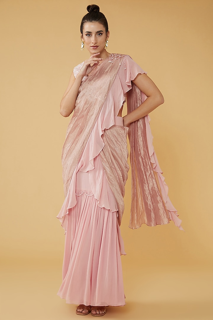 Peach Silk Tissue Embroidered Skirt Saree Set by House of Supriya