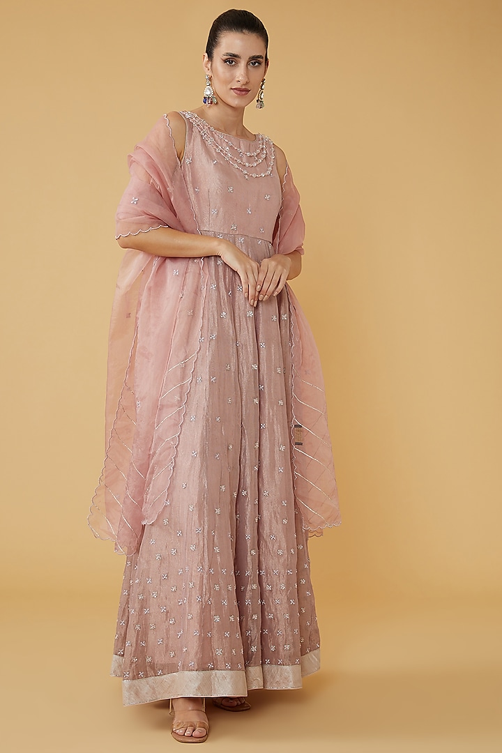 Peach Silk Tissue Embroidered Anarkali Set by House of Supriya at Pernia's Pop Up Shop