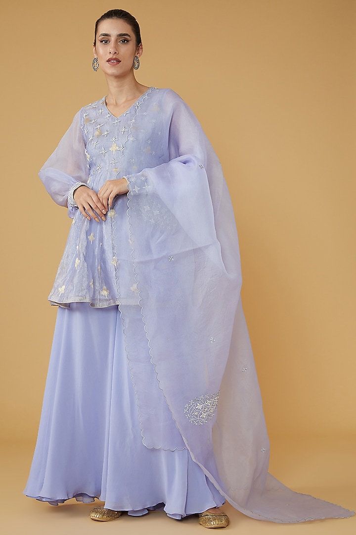 Purple Silk Georgette Layered Sharara Set by House of Supriya