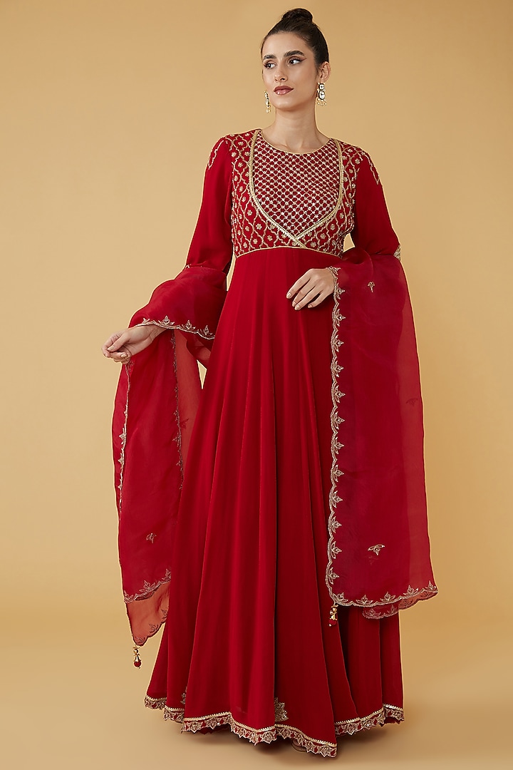 Red Silk Georgette Embroidered Anarkali Set by House of Supriya at Pernia's Pop Up Shop