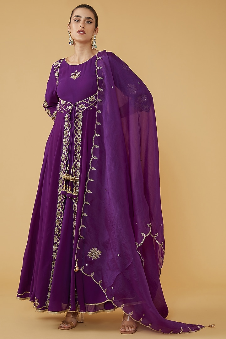 Purple Silk Georgette Embroidered Wedding Anarkali Set by House of Supriya at Pernia's Pop Up Shop