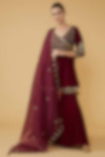 Maroon Silk Georgette Sharara Set by House of Supriya