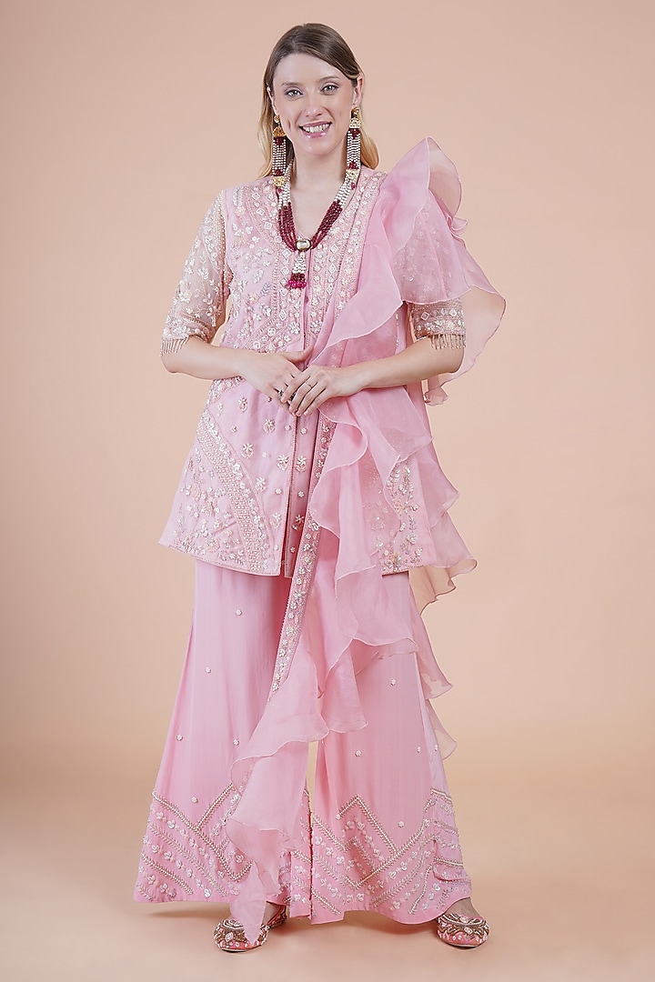 Pink Net Hand Embroidered Kurta Set by House of Supriya at Pernia's Pop Up Shop