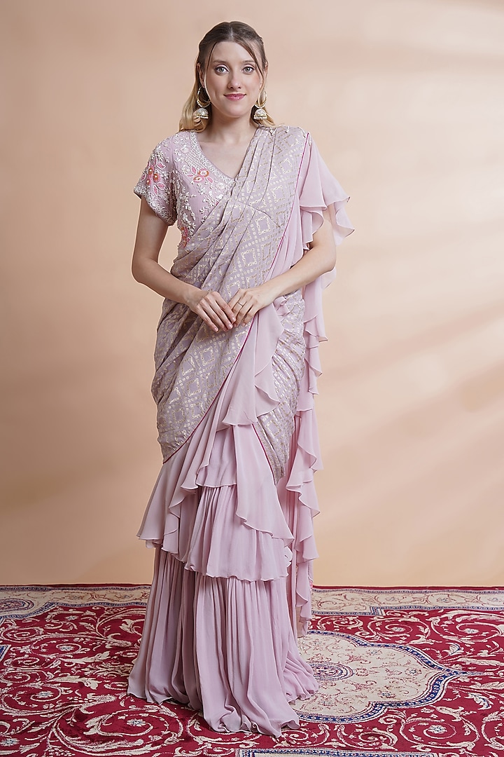 Mauve Brocade & Georgette Hand Embroidered Concept Saree Set by House of Supriya at Pernia's Pop Up Shop