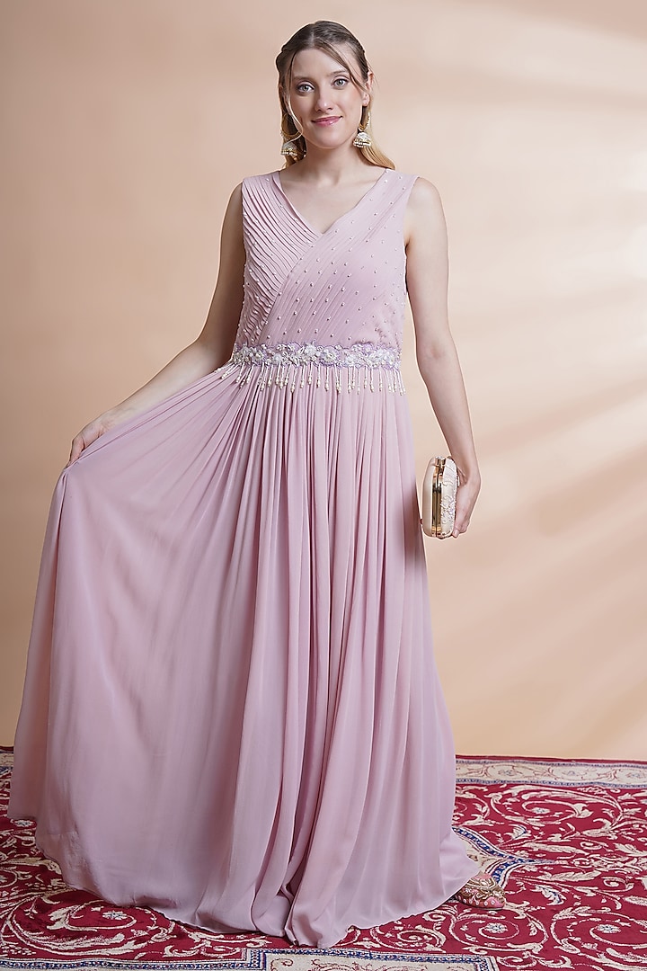 Mauve Georgette Hand Embroidered Flared Gown by House of Supriya at Pernia's Pop Up Shop