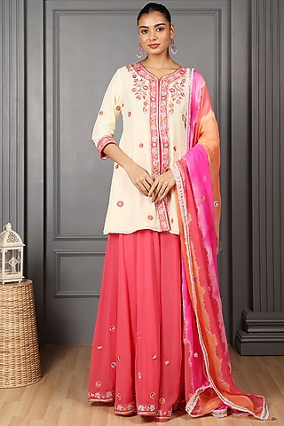 Off-White Silk Georgette Embroidered Kalidar Jacket Set by House of Supriya