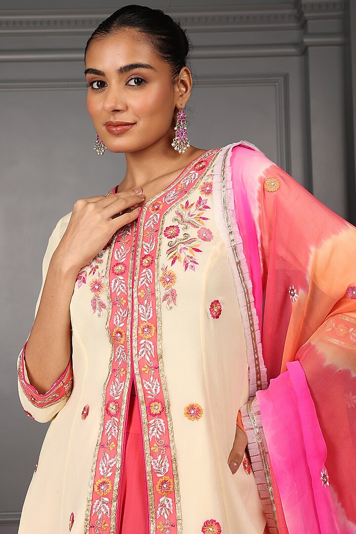 Off-White Silk Georgette Embroidered Kalidar Jacket Set by House of Supriya at Pernia's Pop Up Shop