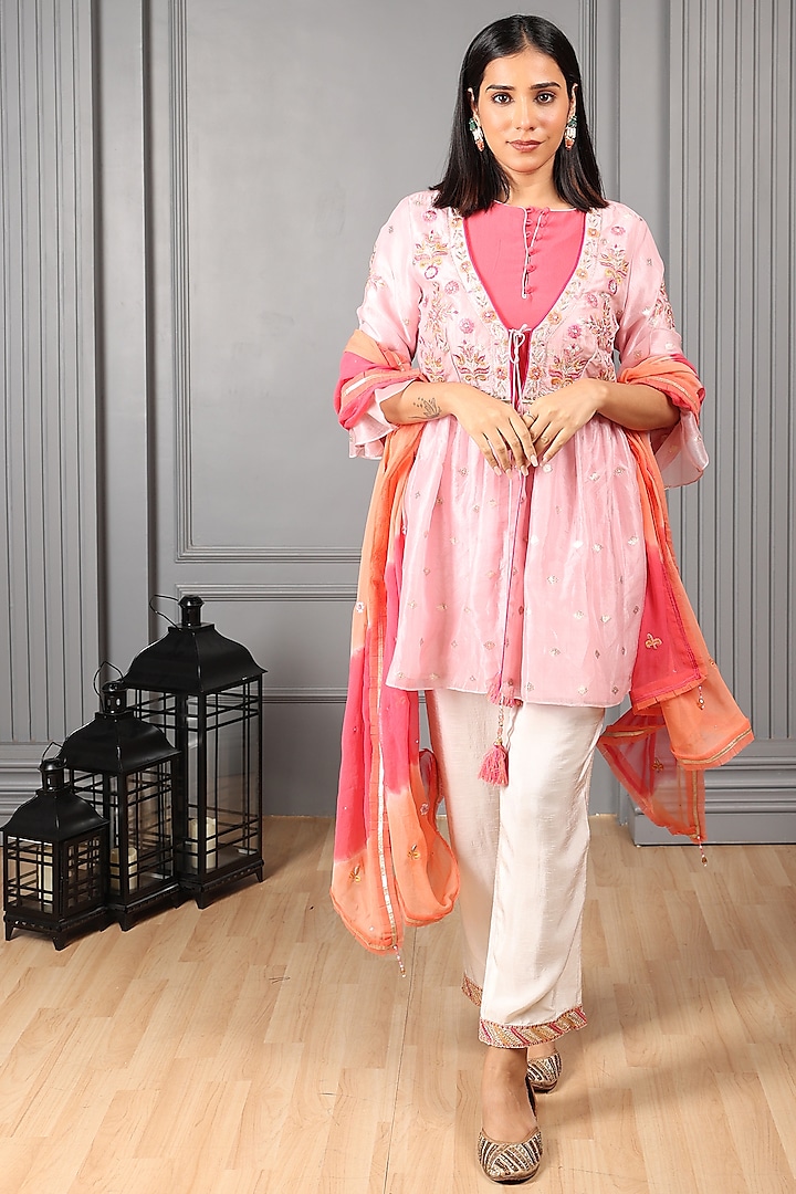 Baby Pink Silk Organza Thread Embroidered Jacket Set by House of Supriya